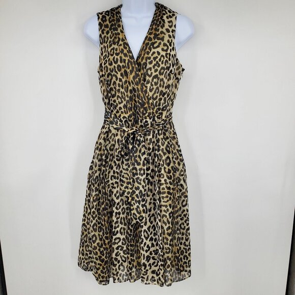 Anne Klein Leopard Animal Print Fit and Flare Surplice Neckline Belted Dress 4 - Picture 1 of 9